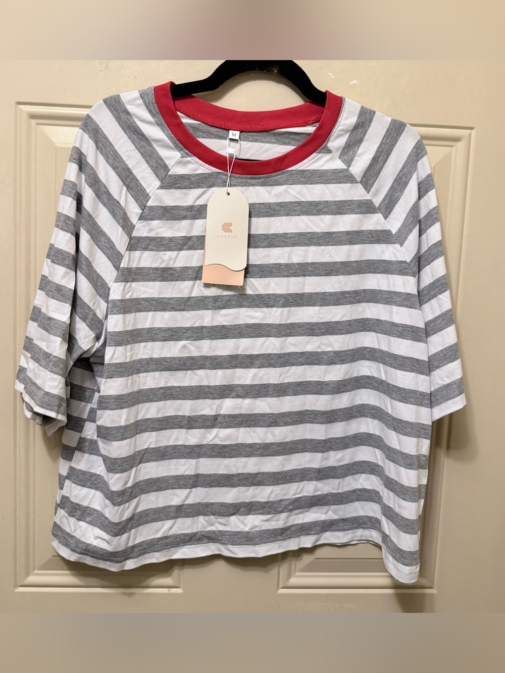 Cueply Gray and White Horizontal Striped Tee with Red Crew Neck Size Medium